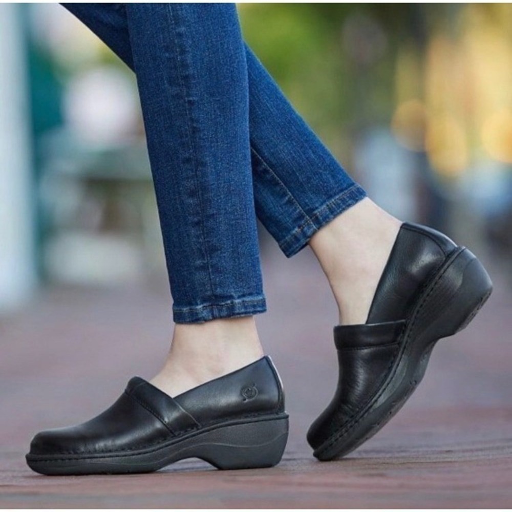 Born Toby Duo Leather Clogs Womens 9 Black Orthopedic Comfy Office Work Loafers